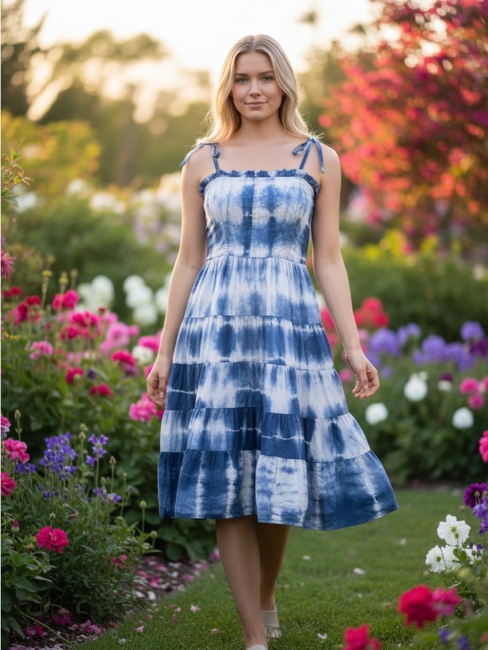 Ulla Johnson Blue Tie-Dye Tiered Sundress with Adjustable Shoulder 100% cotton